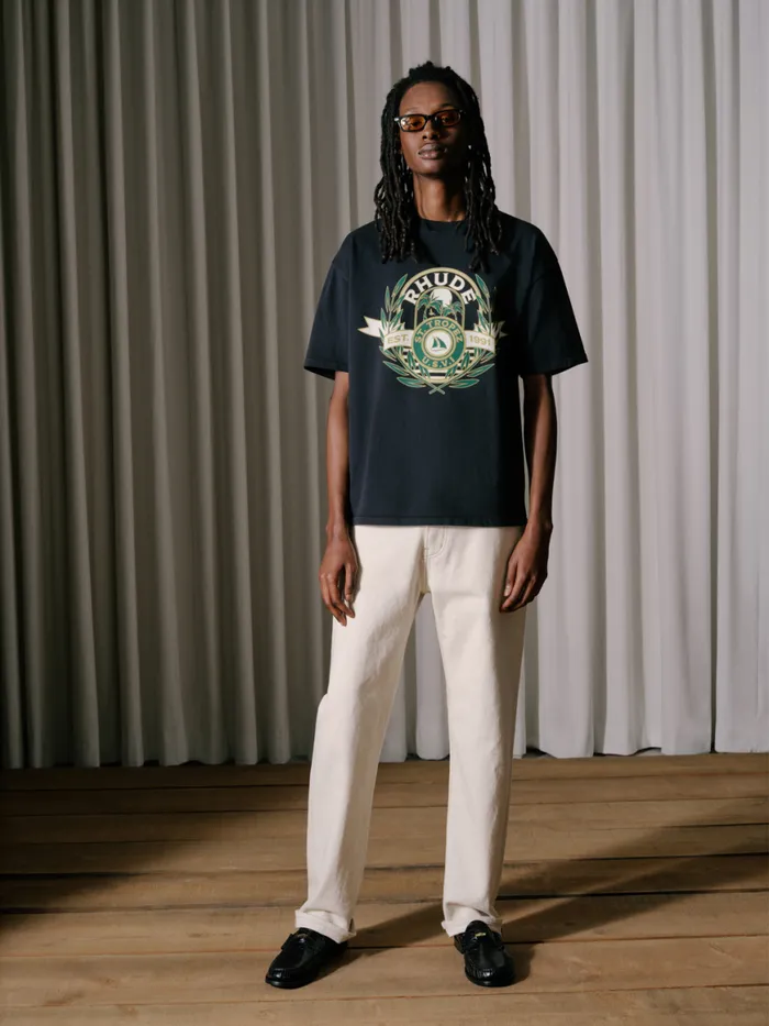 Men Rhude Tees ST TROPEZ YACHT CREST TEE Vtg Black Men Rhude Tees ST TROPEZ YACHT CREST TEE Vtg Black