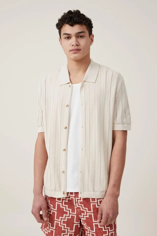 Men Shirts and Polos Cotton On Pablo Short Sleeve Shirt Ecru Ladder