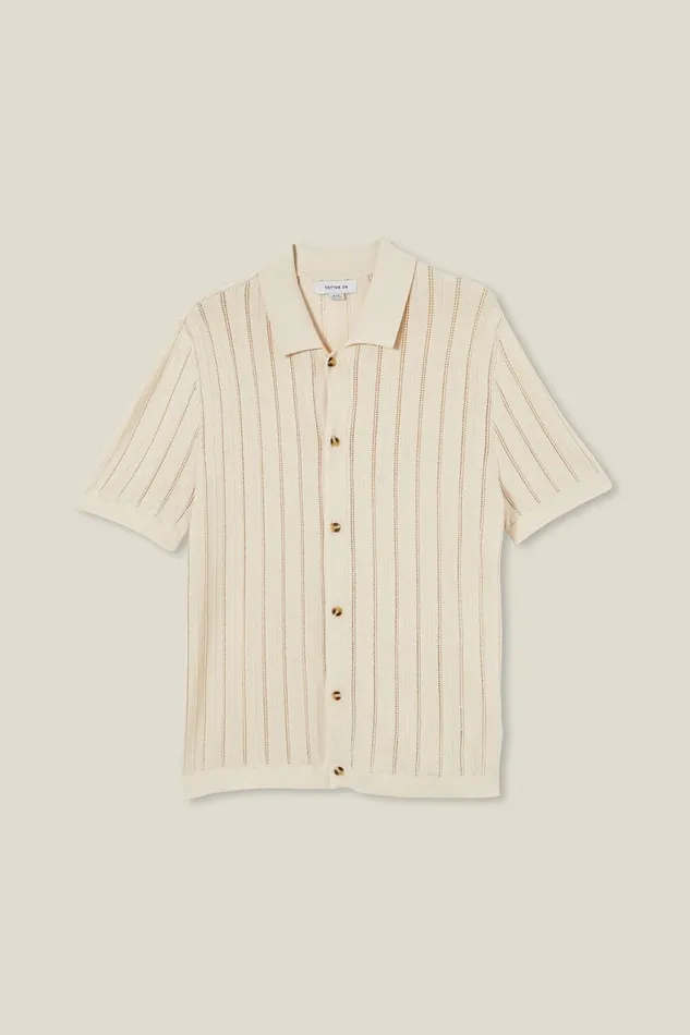 Men Shirts and Polos Cotton On Pablo Short Sleeve Shirt Ecru Ladder