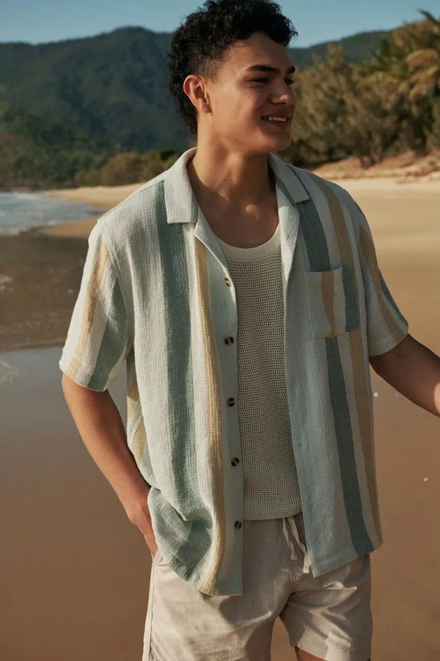 Men Shirts and Polos Cotton On Palma Short Sleeve Shirt Sky Blue Stripe