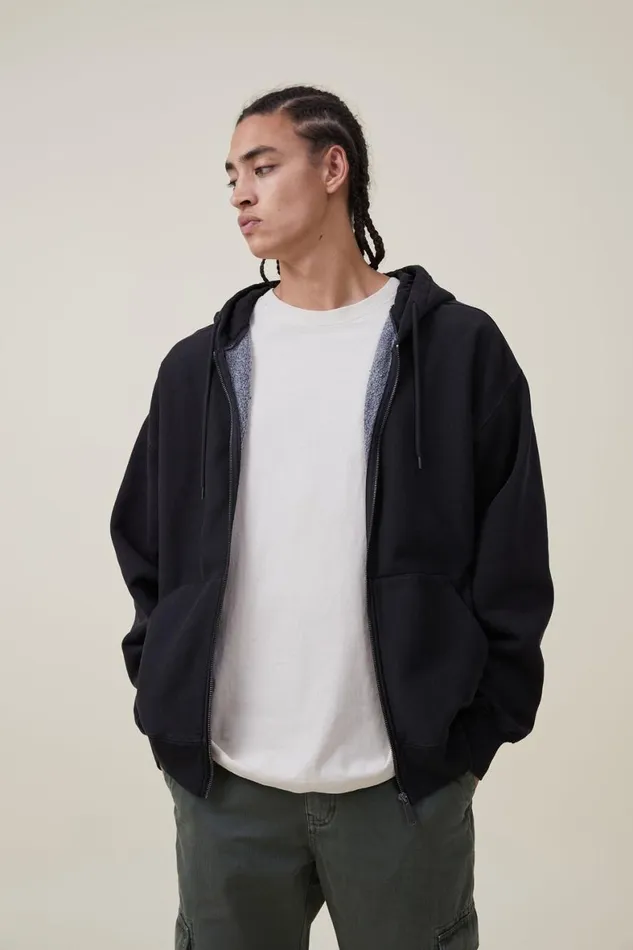 Men Sweats and Hoodies Cotton On Oversized Zip Up Hoodie Washed Black