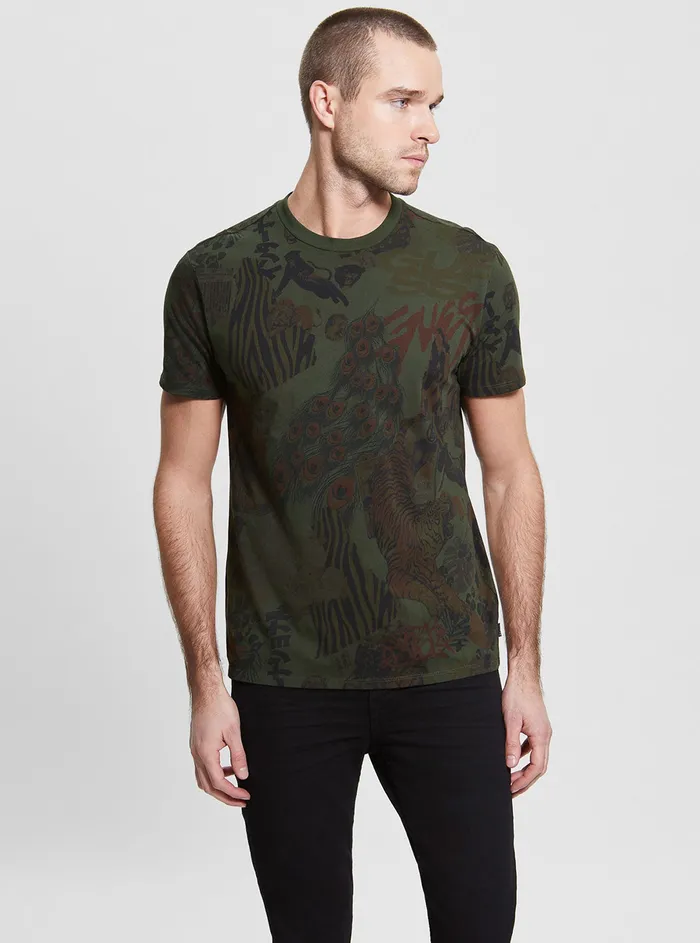 Men Tees and Tanks GUESS Eco Green Multi New Retro Tiger Tshirt