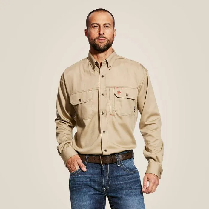 Men Workwear Ariat FR Solid Vent Work Shirt Khaki