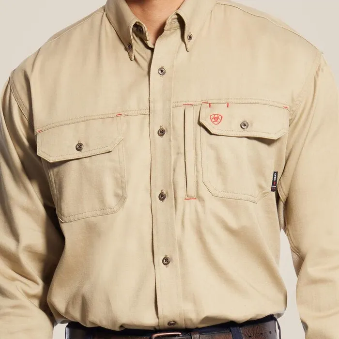 Men Workwear Ariat FR Solid Vent Work Shirt Khaki