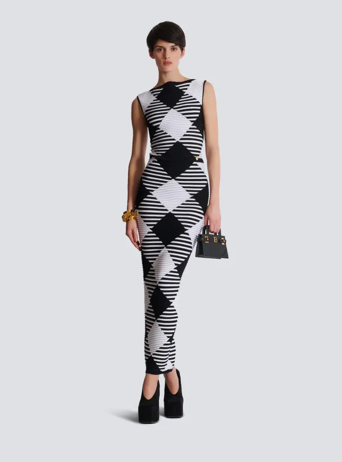 Midlength Skirt In Rolled Gingham Knit Black Women Balmain Knitwear