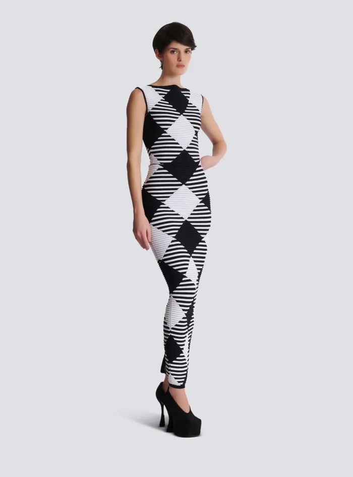 Midlength Skirt In Rolled Gingham Knit Black Women Balmain Knitwear