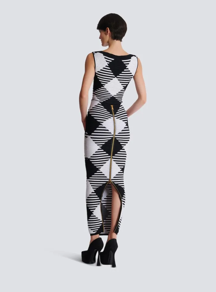 Midlength Skirt In Rolled Gingham Knit Black Women Balmain Knitwear