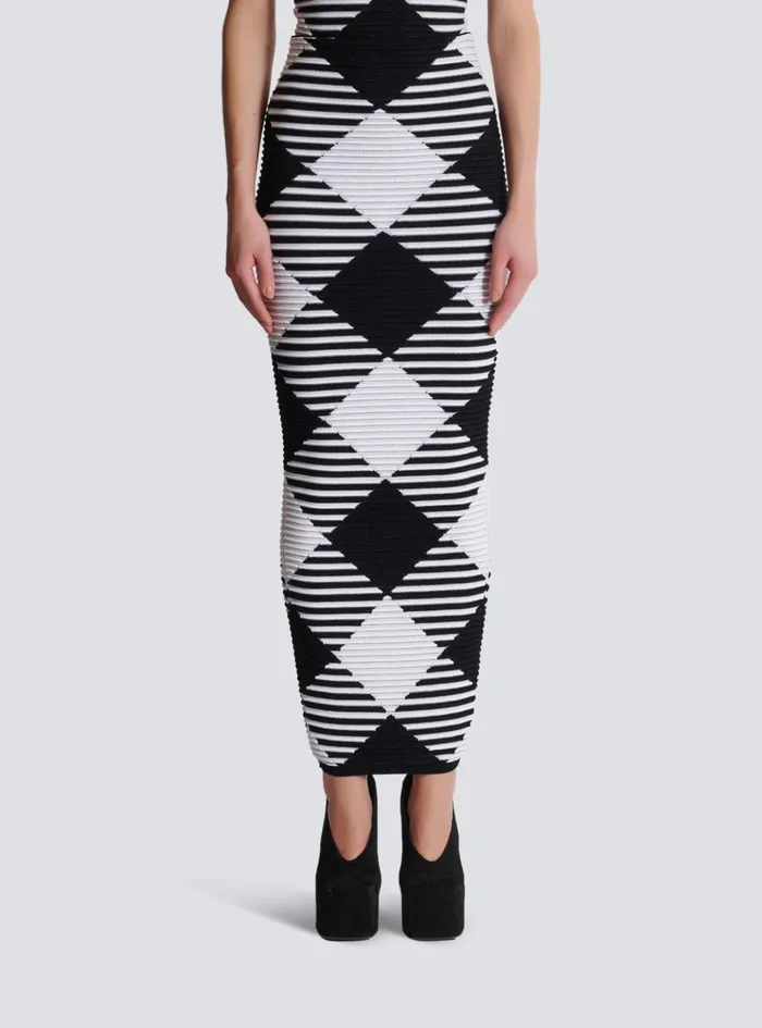Midlength Skirt In Rolled Gingham Knit Black Women Balmain Knitwear