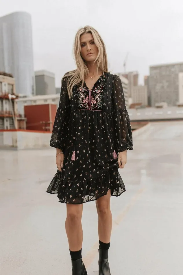 Milan Embroidered Mini Dress Black Women Bohme Dresses
