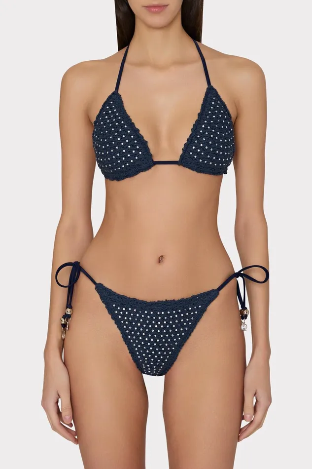 Milly Glimmer Crochet Bikini Top With Crystal Applique Navy Women Swim and Coverups Milly Glimmer Crochet Bikini Top With Crystal Applique Navy Women Swim and Coverups
