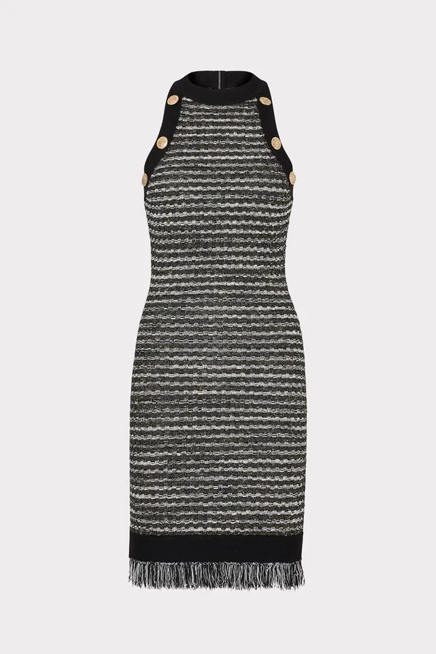 Milly Halter Textured Fringe Knit Mini Dress Black Gold Multi Women Dresses