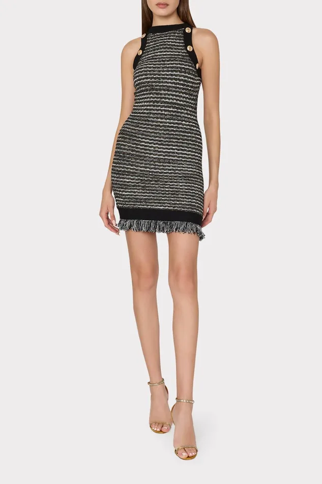 Milly Halter Textured Fringe Knit Mini Dress Black Gold Multi Women Dresses