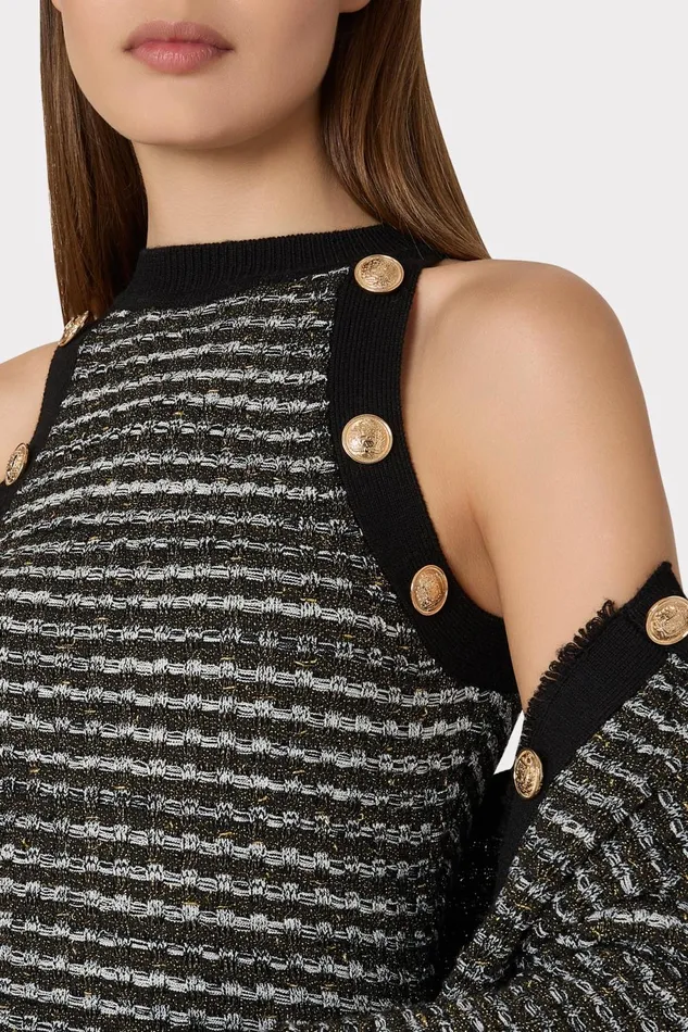 Milly Halter Textured Fringe Knit Mini Dress Black Gold Multi Women Dresses
