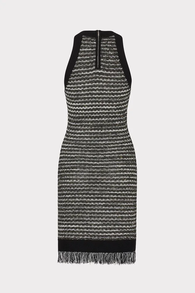 Milly Halter Textured Fringe Knit Mini Dress Black Gold Multi Women Dresses