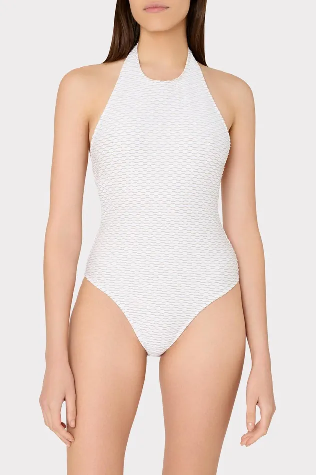 Milly Jackie Textured Waves Halter One Piece White Women One Piece Swimsuits