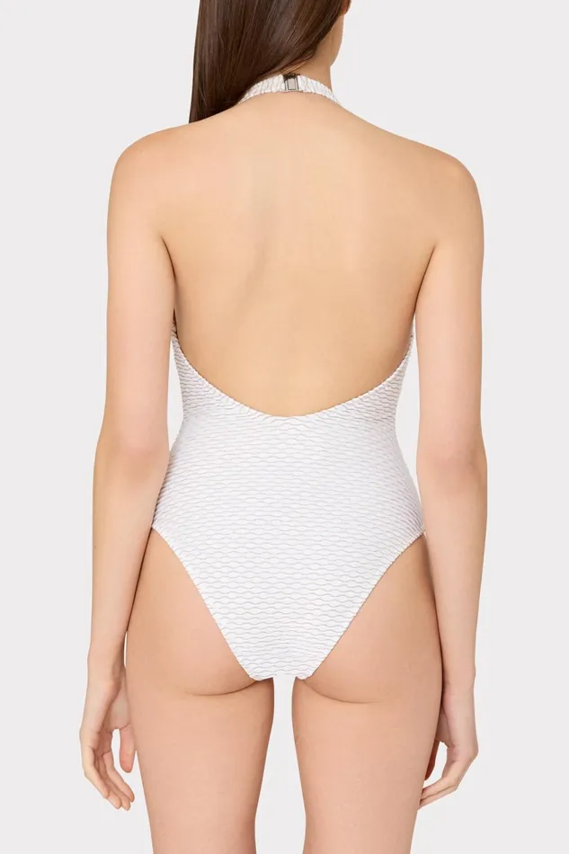 Milly Jackie Textured Waves Halter One Piece White Women One Piece Swimsuits