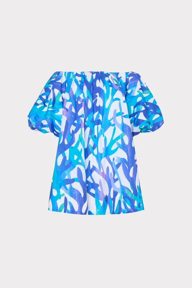Milly Jamie Under The Sea Off The Shoulder Mini Dress Blue Multi Women Swim and Coverups