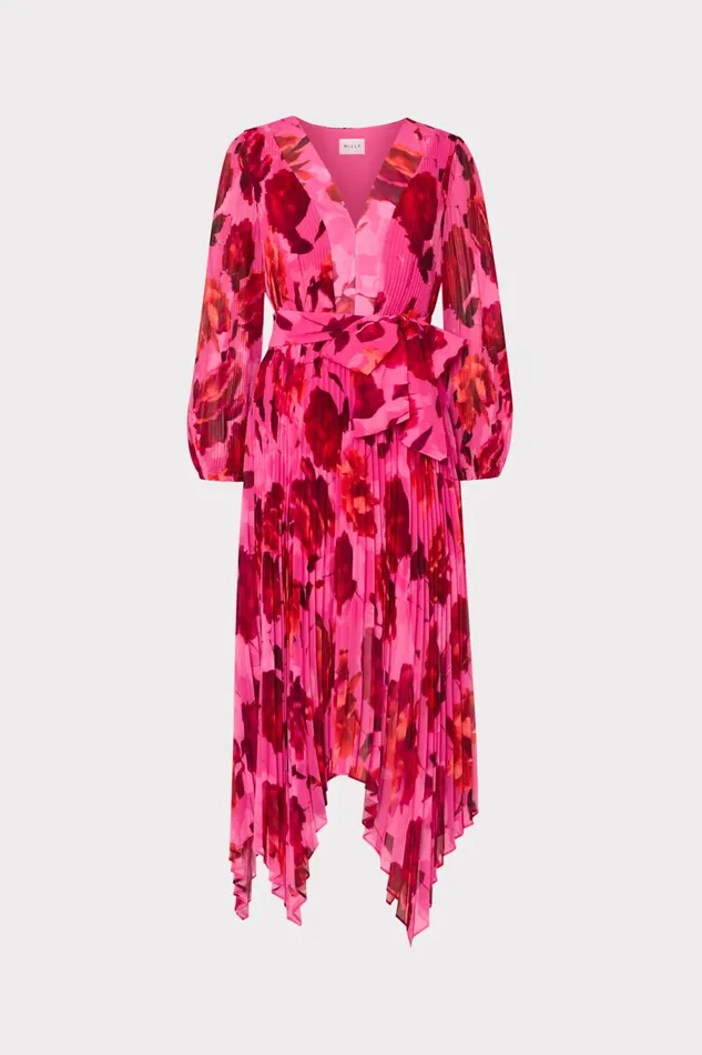 Milly Liora Blurred Blossom Pleated Dress Pink Multi Women Dresses