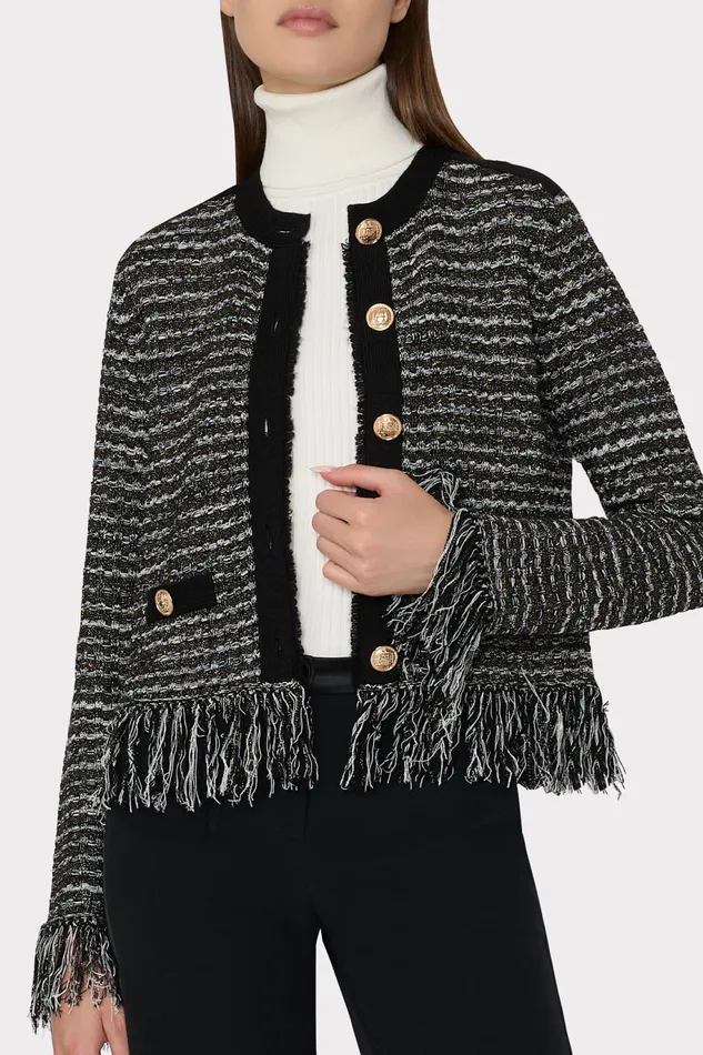 Milly Metallic Textured Fringe Cardigan Black Gold Multi Women Coats and Jackets Milly Metallic Textured Fringe Cardigan Black Gold Multi Women Coats and Jackets