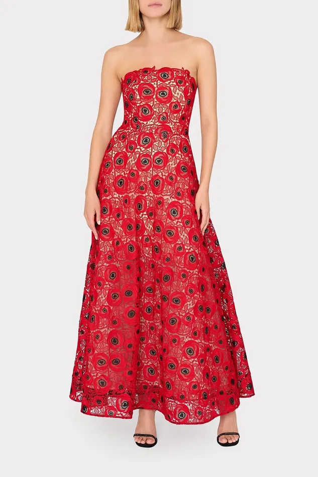 Milly Netty Embroidered Lace Maxi Dress Redblack Women Dresses