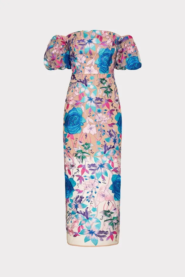 Milly Nira Fall Floral Embroidered Dress Blue Multi Women Dresses