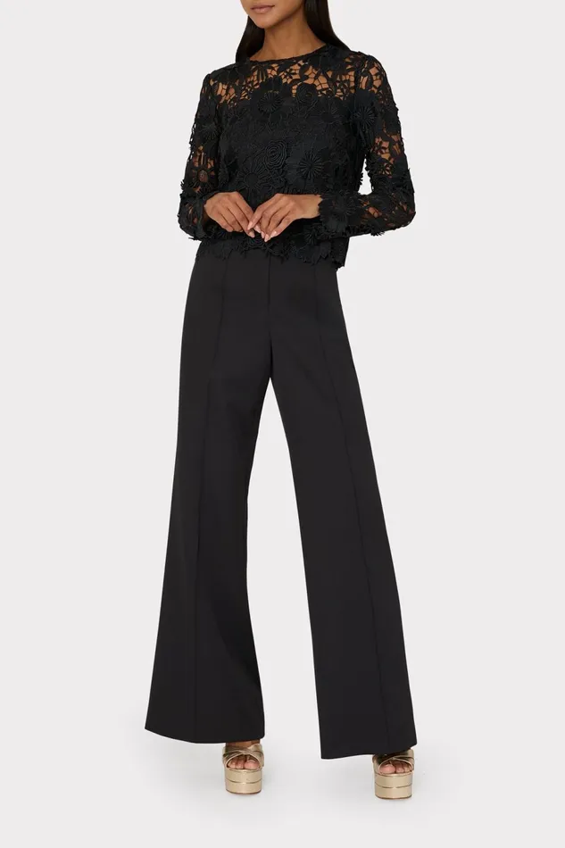 Milly Nori Long Sleeve Lace Top Black Women Tops