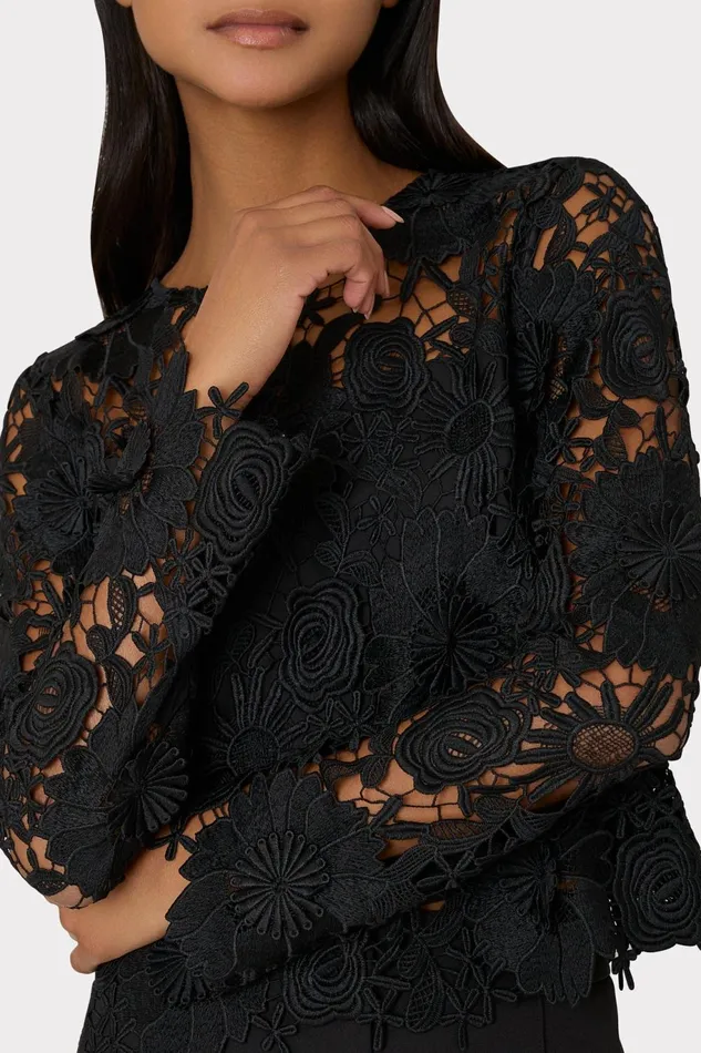 Milly Nori Long Sleeve Lace Top Black Women Tops