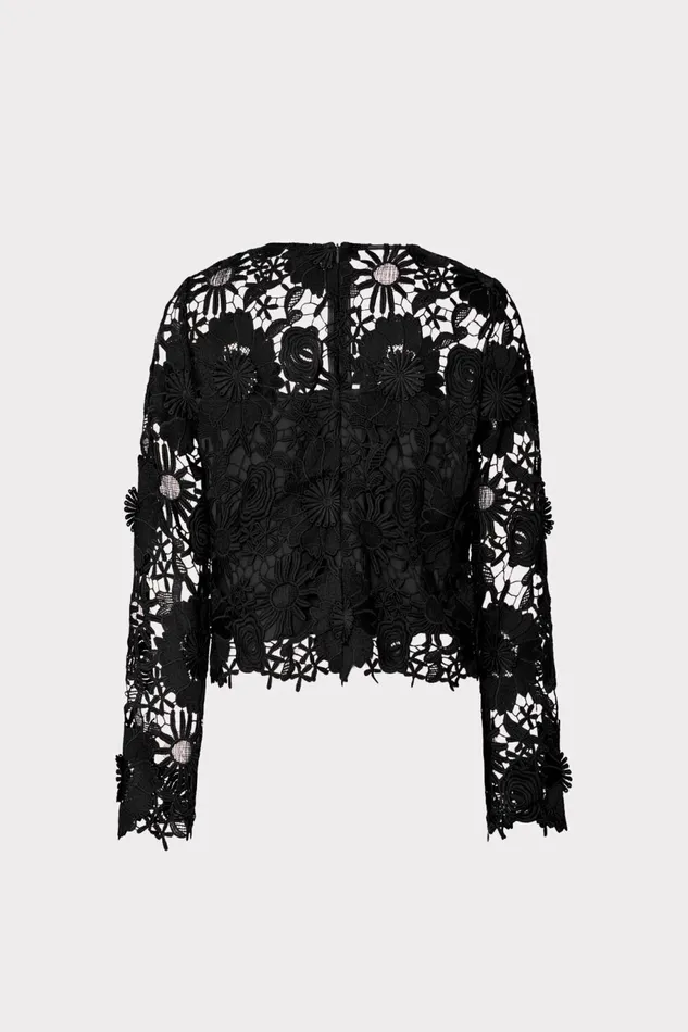 Milly Nori Long Sleeve Lace Top Black Women Tops