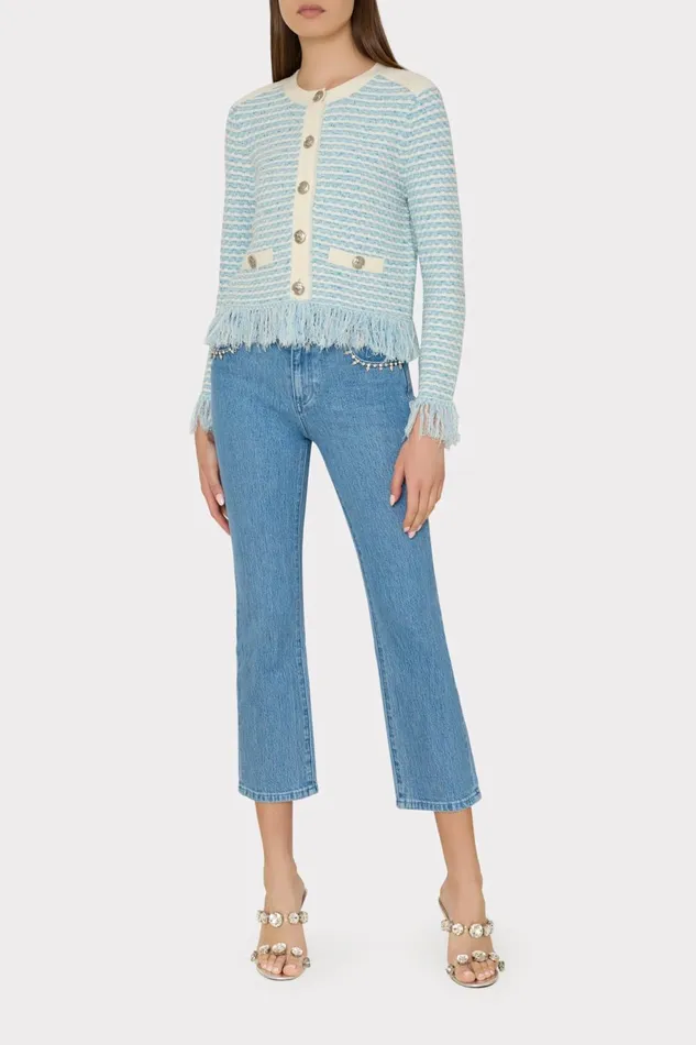Milly Textured Fringe Cardigan Jacket Blue Multi Women Coats and Jackets Milly Textured Fringe Cardigan Jacket Blue Multi Women Coats and Jackets