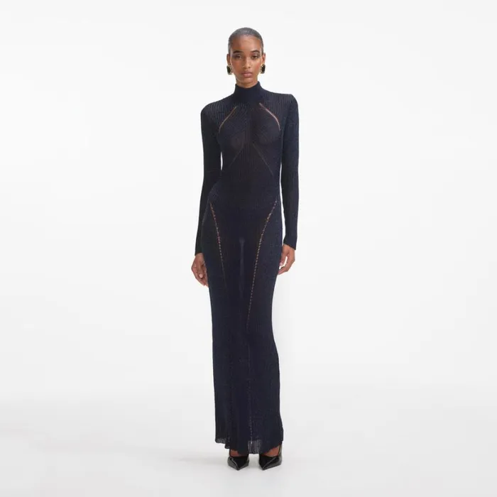Navy Lurex Knit Maxi Dress Women Self Portrait Dresses