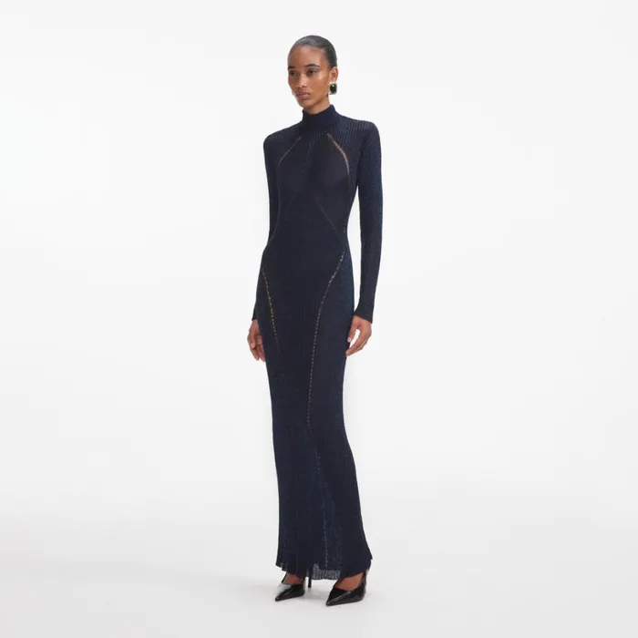 Navy Lurex Knit Maxi Dress Women Self Portrait Dresses Navy Lurex Knit Maxi Dress Women Self Portrait Dresses