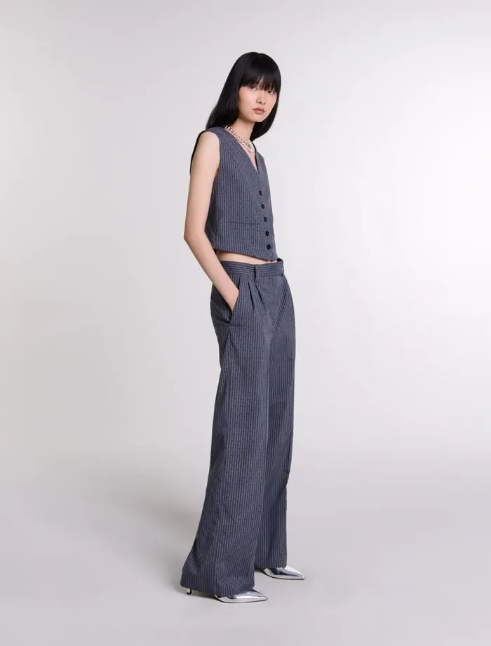 Pants and Jeans Women Maje Rhinestone Suit Trousers Gray Striped Tennis Rhinestone