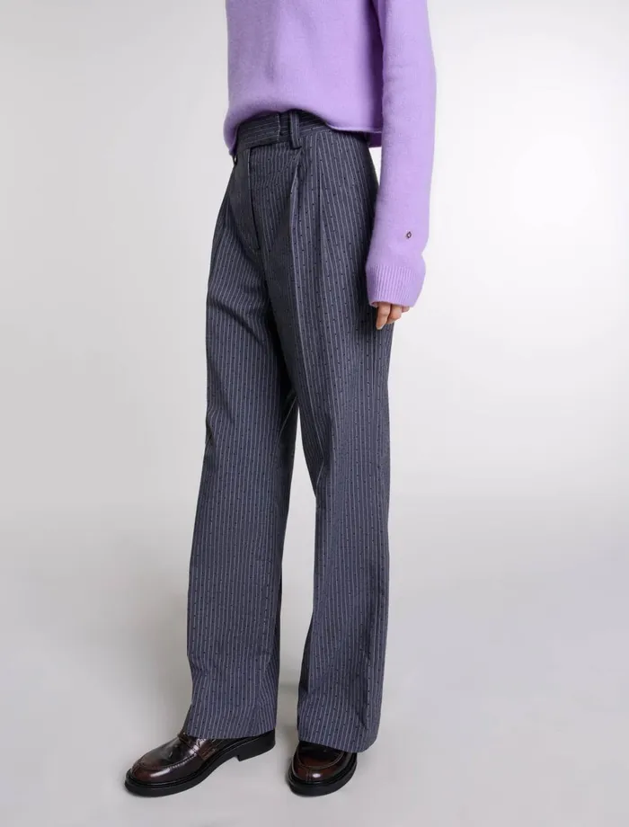 Pants and Jeans Women Maje Rhinestone Suit Trousers Gray Striped Tennis Rhinestone