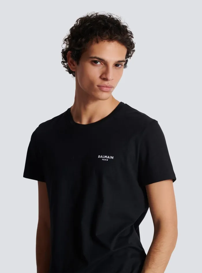 Paris Flocked Shortsleeved Tshirt Black Men Balmain TShirts