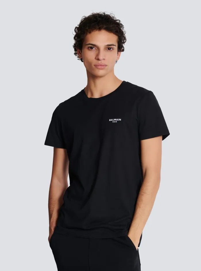 Paris Flocked Shortsleeved Tshirt Black Men Balmain TShirts