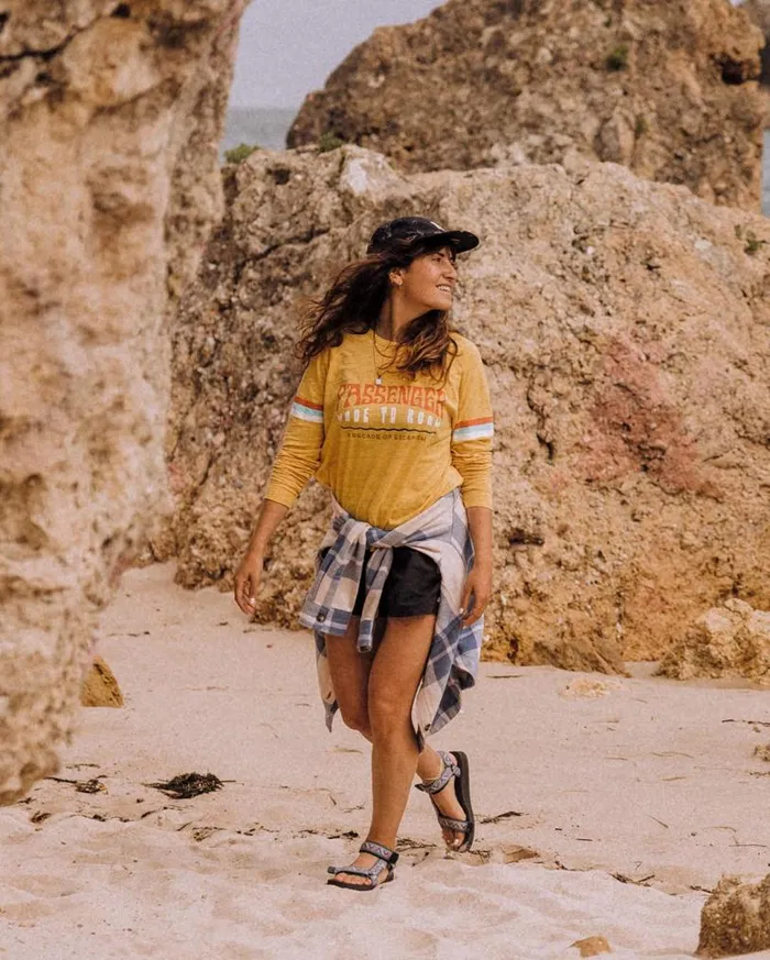 Passenger Clothing La Sarena Recycled Cotton Oversized LS TShirt Ochre Yellow Women Tops and TShirts