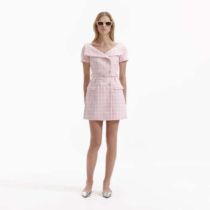 Pink Boucle Off Shoulder Mini Dress Women Self Portrait Dresses