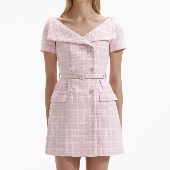 Pink Boucle Off Shoulder Mini Dress Women Self Portrait Dresses