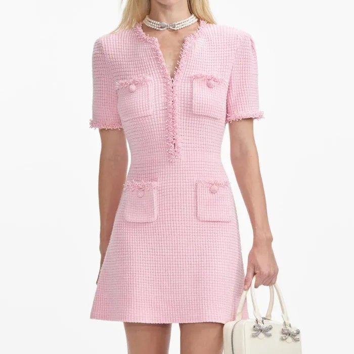 Pink Textured Knit Mini Dress Women Self Portrait Dresses Pink Textured Knit Mini Dress Women Self Portrait Dresses