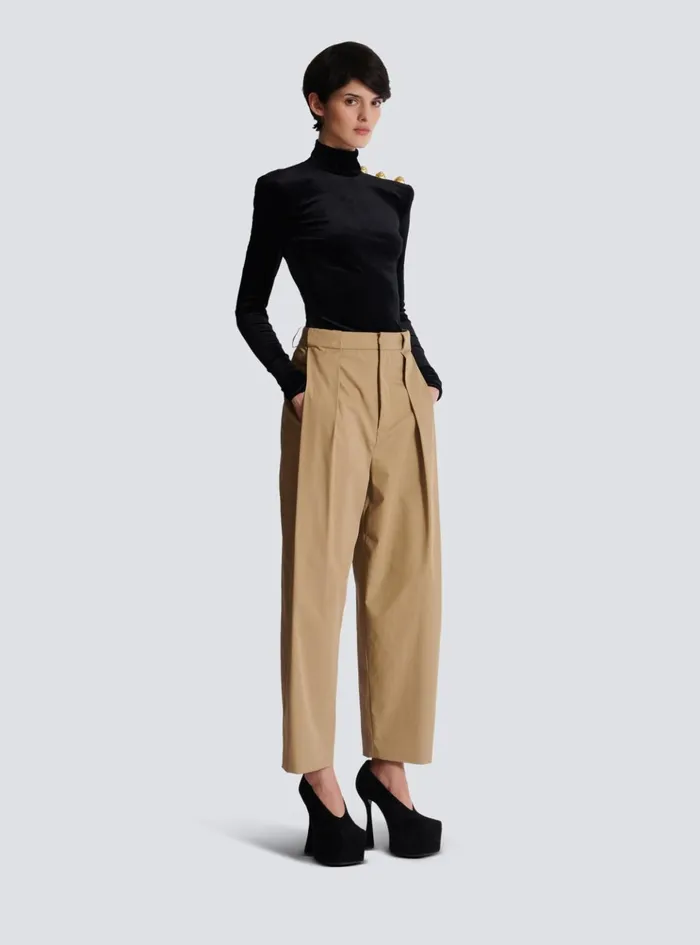 Pleated Cotton Trousers Beige Women Balmain Trousers And Shorts