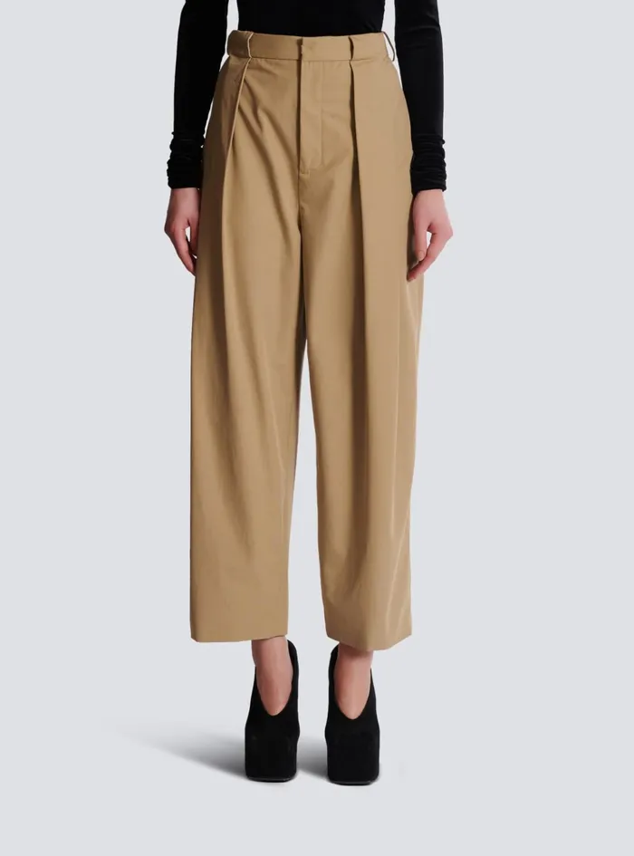 Pleated Cotton Trousers Beige Women Balmain Trousers And Shorts