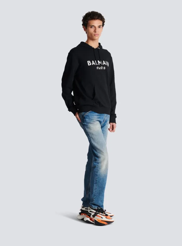 Printed Paris Hoodie Black Men Balmain Sweatshirts