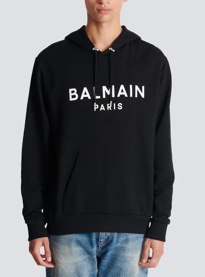 Printed Paris Hoodie Black Men Balmain Sweatshirts
