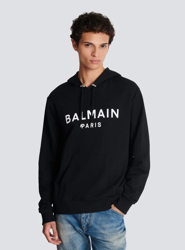 Printed Paris Hoodie Black Men Balmain Sweatshirts