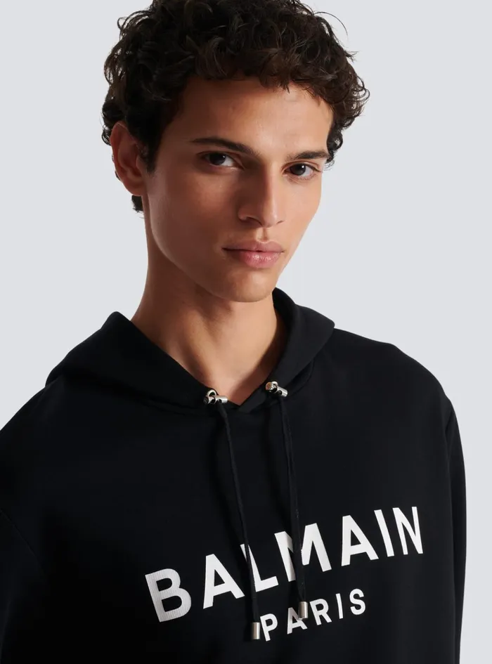 Printed Paris Hoodie Black Men Balmain Sweatshirts