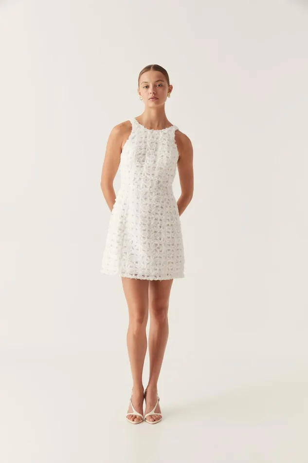 Quintette Textured Mini Dress Ivory Women Aje White Dresses