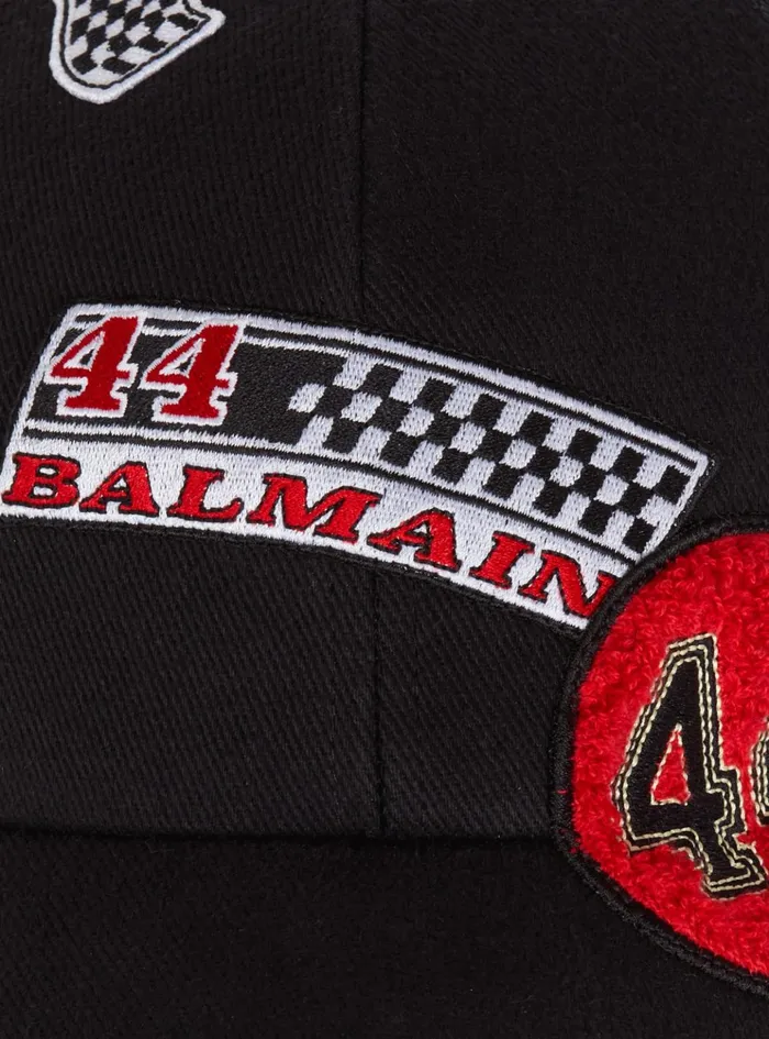 Racing Cap With Patches Black Men Balmain Hats And Caps