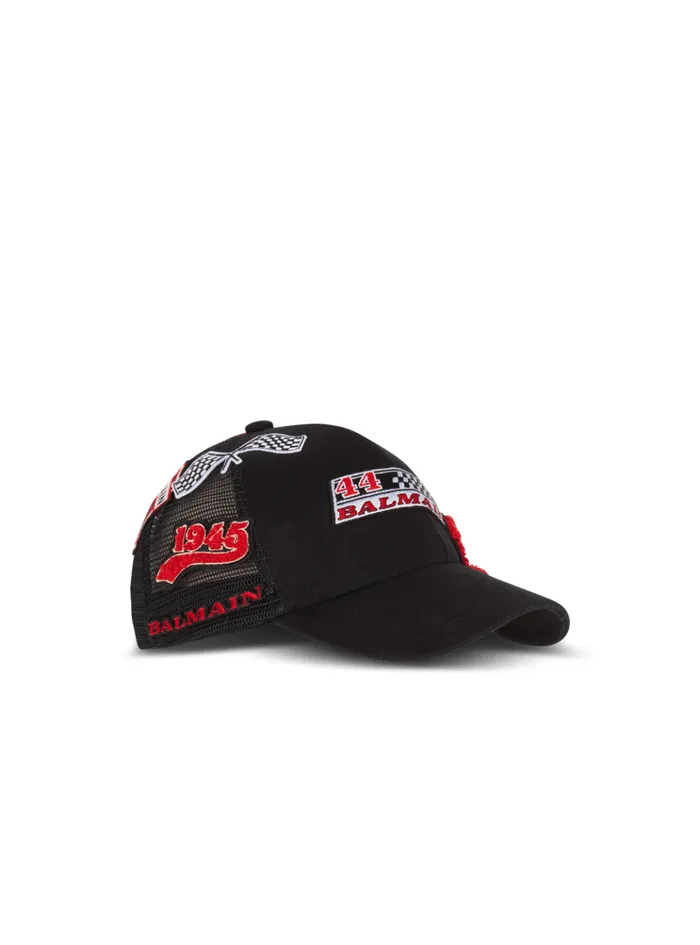 Racing Cap With Patches Black Men Balmain Hats And Caps