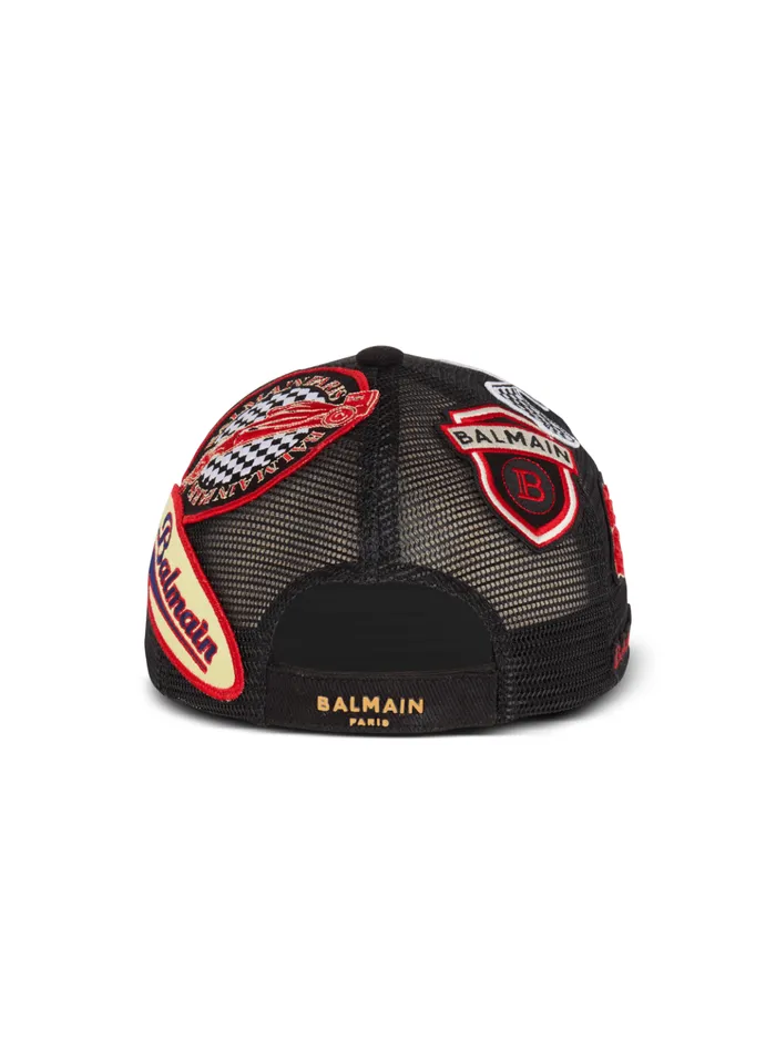 Racing Cap With Patches Black Men Balmain Hats And Caps
