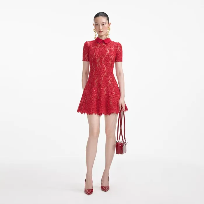 Red Sequin Lace Mini Dress Women Self Portrait Dresses